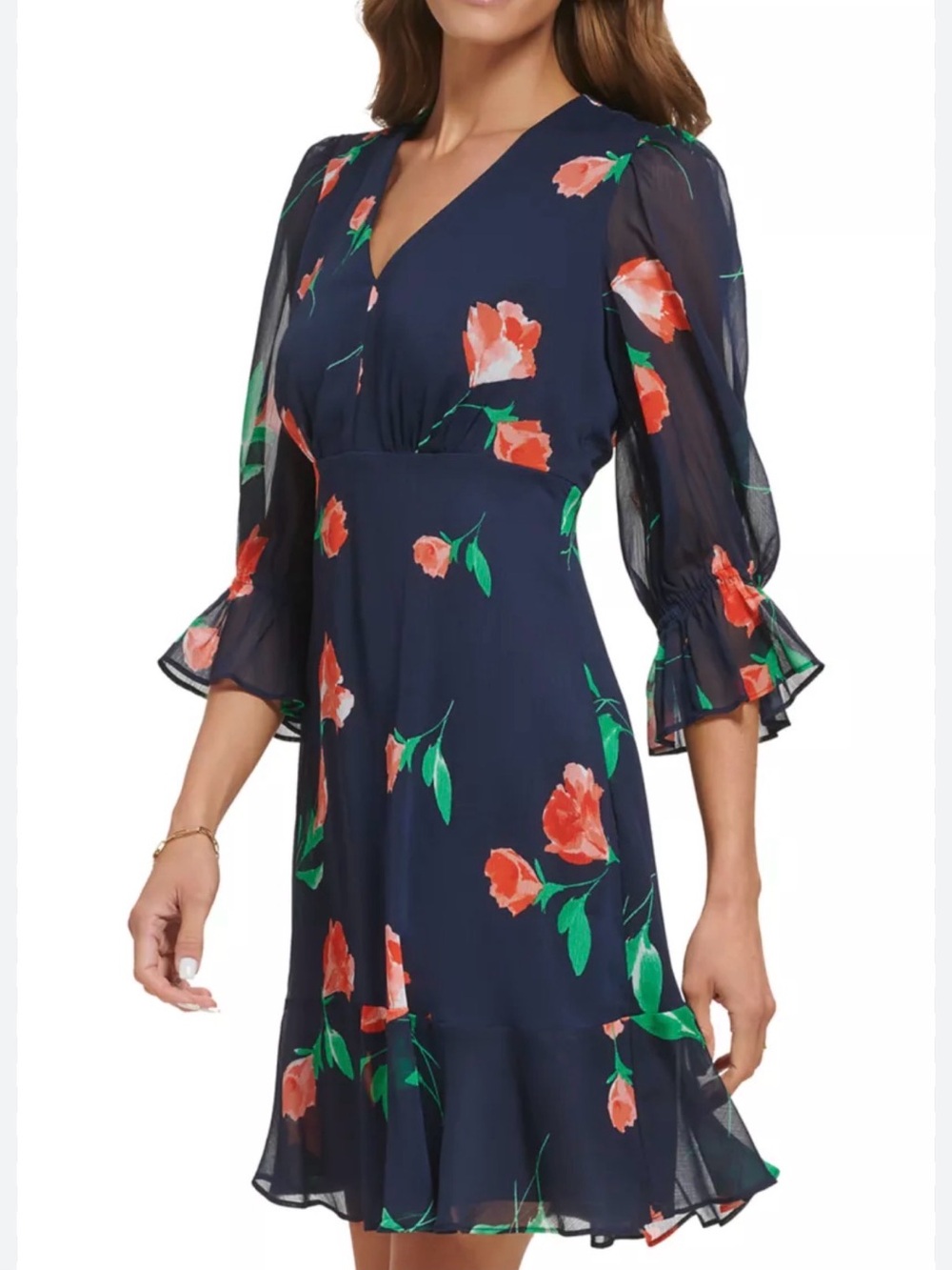 Dkny Fit and Flare Navy Dress with Floral Print